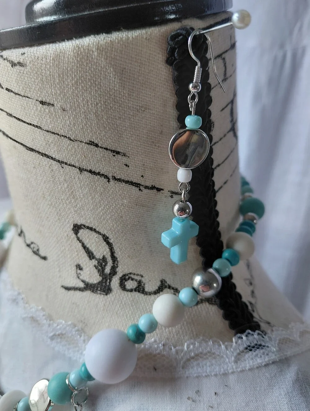 OOAK Handmade Turquoise Cross and Domino Necklace & earrings Set